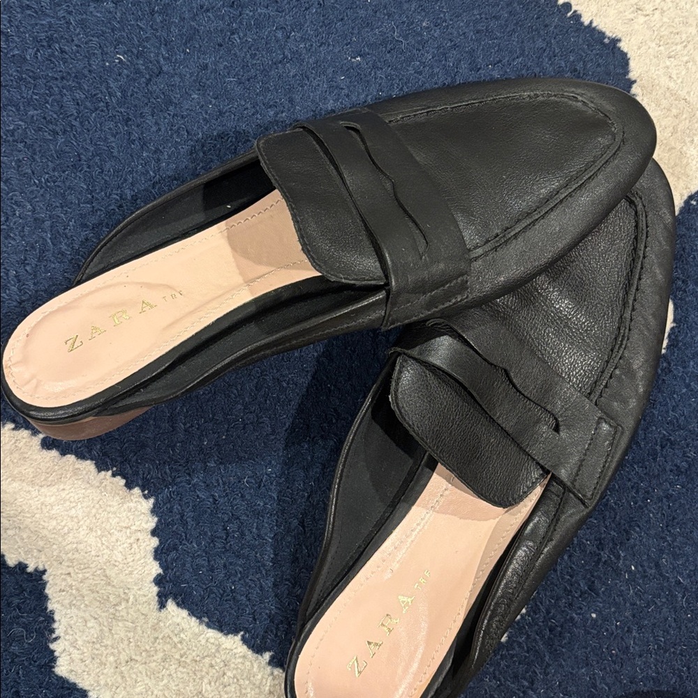 ZARA Backless Flat Black Loafers Mules - Picture 3 of 3